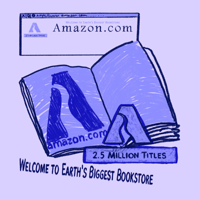 Illustration of an open book with an Amazon logo. Text reads 2.5 million titles sold, Welcome to the World's Biggest Bookstore.