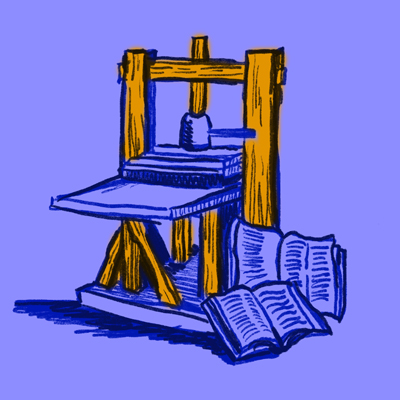 Illustration of the Gutenberg press with printed, open books on the ground