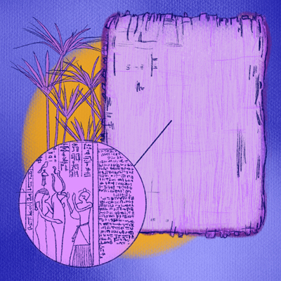  Illustration of papyrus with hieroglyphics and bamboo in the background.